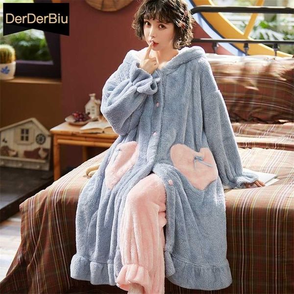

autumn winter women hooded pajama sets ruffled warm coral flannel sleepwear set solid female thick long soft cute nightwear 211023, Black;red