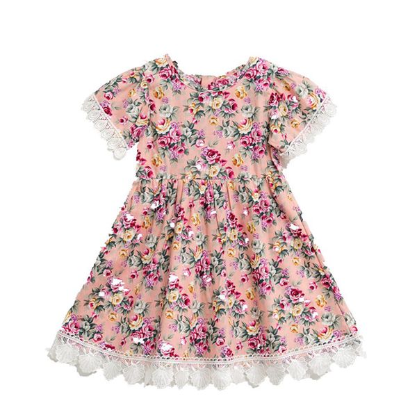 

2-12 years baby girls retro floral dress short sleeve lace party clothes summer outfit printed flower sundress for kids, Red;yellow