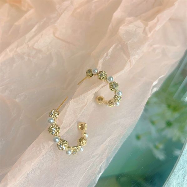 

design jewelry korea dongdamen simple c-shaped zircon pearl 925 silver needle small crowd ins cool style personalized earrings tide, Golden