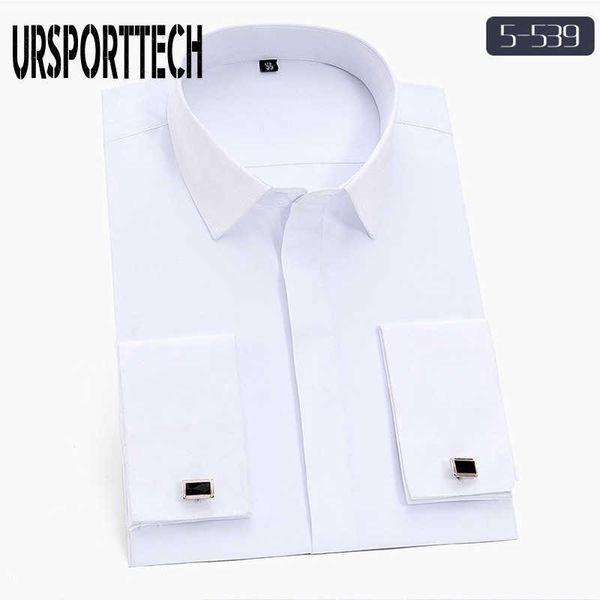 Erkekler Uzun Kollu Gömlek Bahar Katı Erkekler Fransız Kol Düğmeleri Rahat Gömlek Beyaz Yaka Tasarım Erkek Fransız Manşet Elbise Gömlek M-5XL 210528