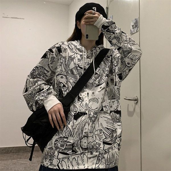

women's hoodies & sweatshirts korean autumn fashion anime female printing hoodie jacket with hood white zipper long sleeve style japane, Black