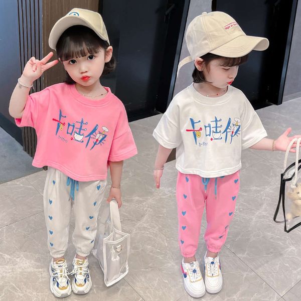 

girls' short sleeve summer suit net red children's girls' two piece fashion, White