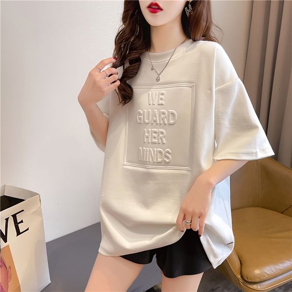 

2021 cotton mid-length loose short-sleeved spring and summer new college style letter 3d printing t-shirt l83i, White