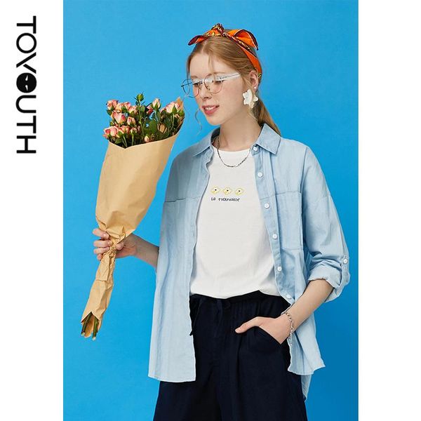 

women's blouses & shirts toyouth women long sleeve blue loose boyfriend style vintage blouse, White