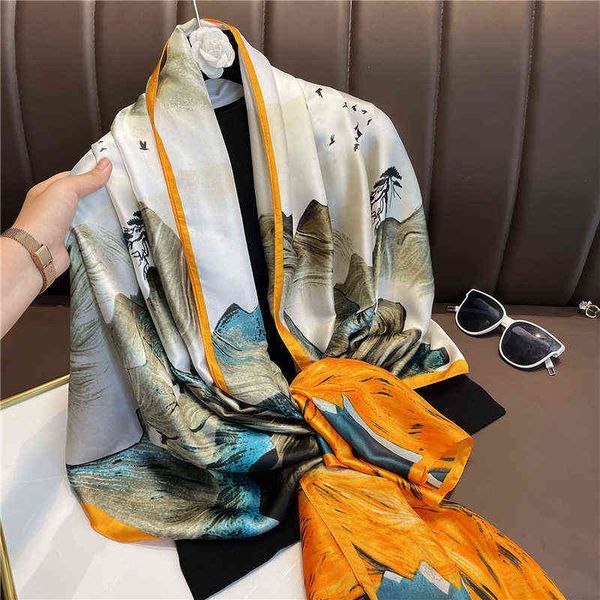

scarves oil painting style double-sided silk mountain scenery printing 2022 seaside to send  long scarf, Blue;gray