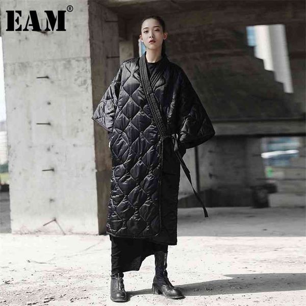 

[eam] spring autumn v-collar three-quarter sleeve solid color bandage cotton-padded big size coat women fashion jd18601 210923, Black