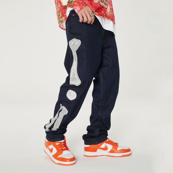 

men's jeans fashion embroidery oversized man casual wide leg pants, Blue