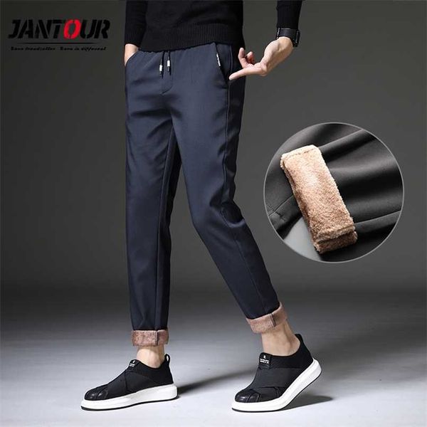 

mens winter fleece warm pants men korean casual slacks slim warm thick pants for men fashion black gray trousers male 211013