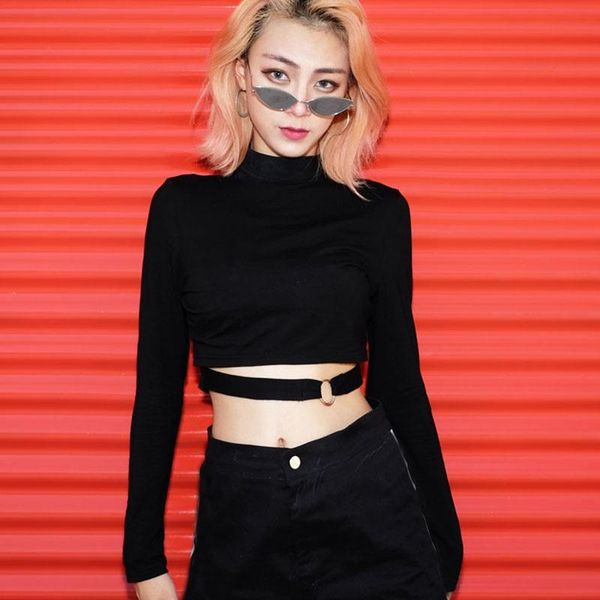 

women's t-shirt korean fashion long sleeve t-shirts black metal ring decor, White