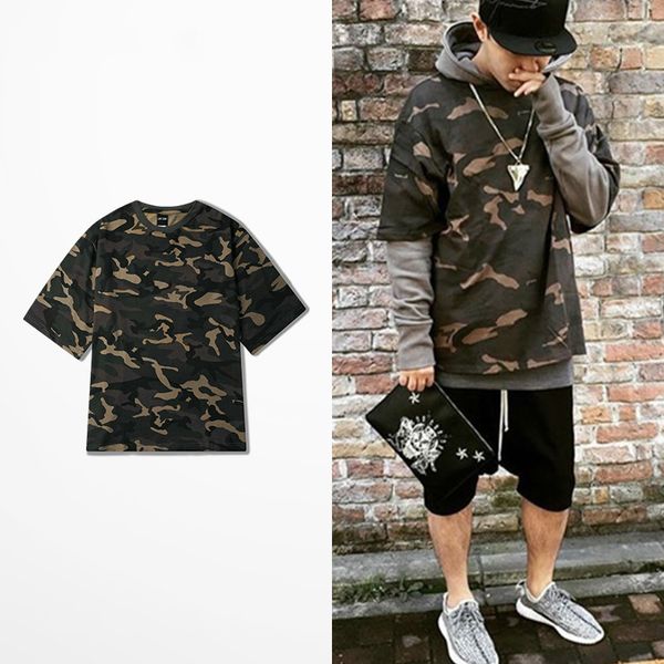 

2021 new kanye west coconut army seven sleeve camo t-shirt men hip hop camouflage harajuku dark souls shirt tee kpop vnv1, Black