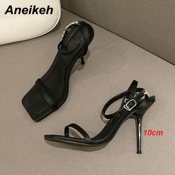 

sandals aneikeh shoes for women 2021 classics black open toe high heel summer fashion crystal letter decor ankle buckle strap
