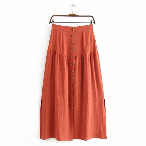 

skirts spring and summer solid color high waist loose fashion casual skinny wrinkles temperament split single-breasted mid-length skirt, Black