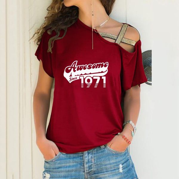 

women's t-shirt awesome since 1971 50 letter print loose women irregular tshirt lover birthday gift skew neck cross bandage, White