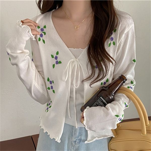 

women's sweaters gentle florals knitwear slim v-neck all match casual chic femme streetwear cardigans 2 pieces sets n8v7, White;black