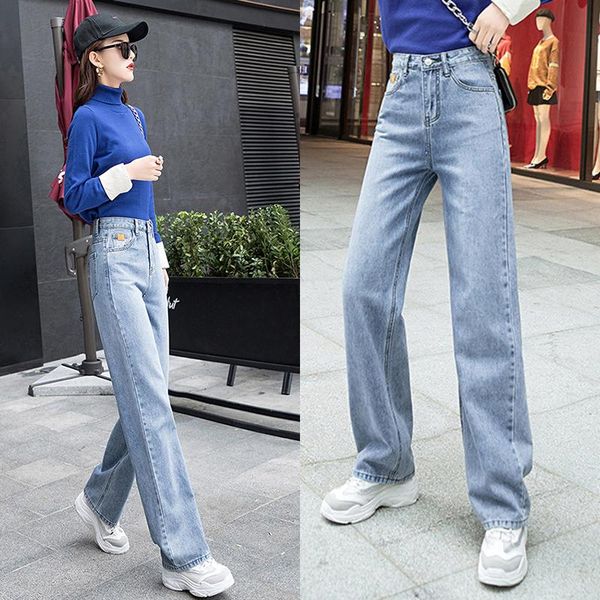 

women's jeans high waist elastic pants trousers women wide leg large size mid-length, Blue