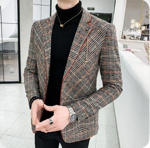 

wool blend 2021 antumn winter men's plaid suit jacket men blazer masculino vintage blazers gsgb, White;black