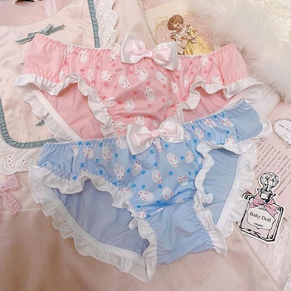

women's panties japanese soft girl sweet and cute bow cartoon underpants students milk silk low waist ruffled sexy, Black;pink