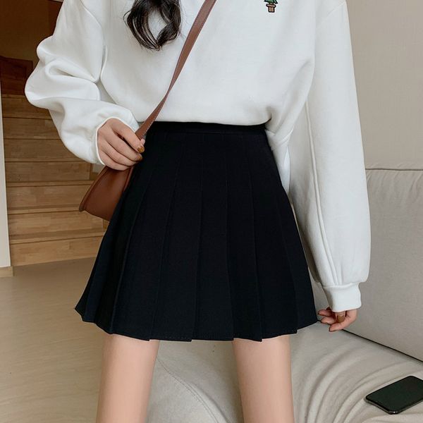 

2021 new sweet pleated autumn high waist ladies girls short preppy style chic women mini skirts solid color skirt hi65, Black
