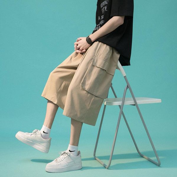 

men's pants summer cotton wide-leg fashion black khaki casual men streetwear loose hip-hop pocket cargo mens m-2xl