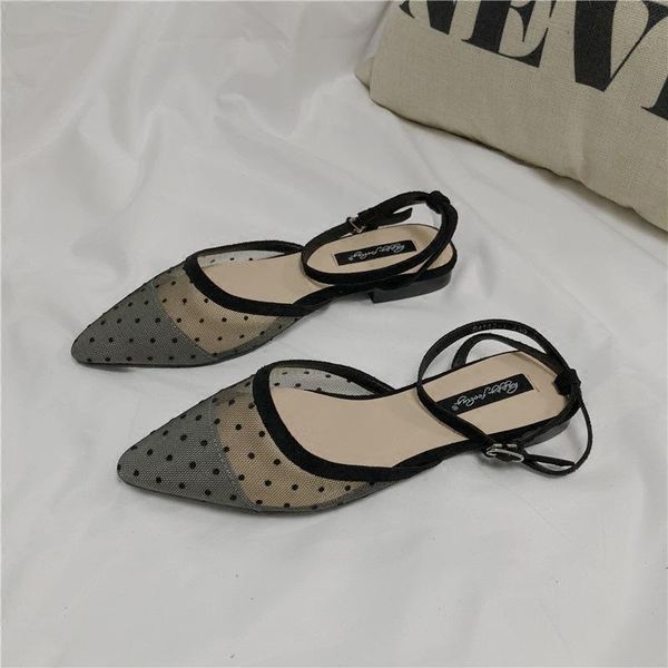 

koovan women's sandals 2021 new dot lace screen face sharp flat bottom casual single shoes temperament small sister girls, Black