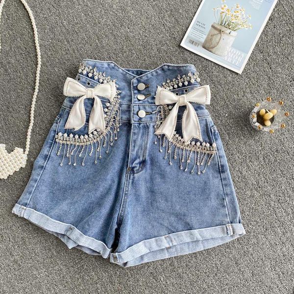 

women's shorts deat 2021 spring summer fashion casual studded beaded tassel high waist show thin temperament denim sk277, White;black