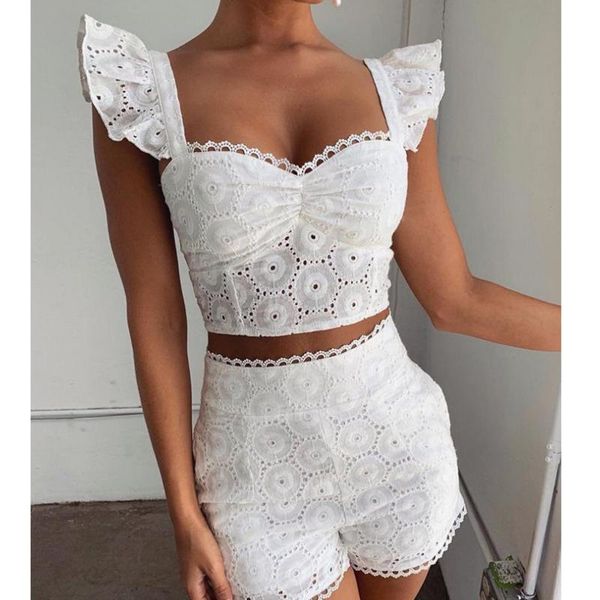 

women's tracksuits 2021 summer sportswear 2-piece set costume lace ruffled hollow and shorts two-piece, Gray