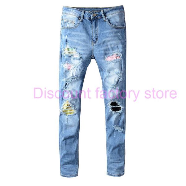 

mens ripped slim fit jeans fashion patchwork washed motocycle denim pants panelled hip hop biker trousers pn654, Blue