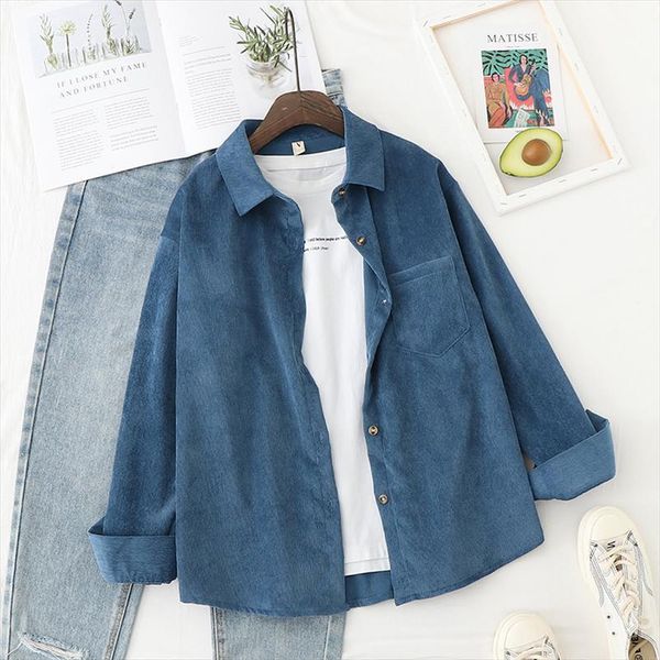

spring and autumn solid corduroy women shirts korean version simple retro versatile long sleeve loose, White