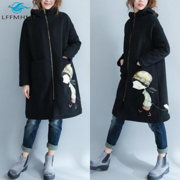 

2021 new winter fall female fashion long sleeve fleece thick coats office lady cartoon print cute hooded jacket large size women clothing 7j, Black;brown