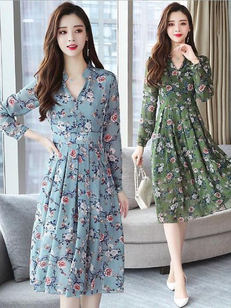 

casual dresses summer women's chiffon v-neck floral midi dress large size maxi bohemian elegant long sleeve vestidos e349, Black;gray