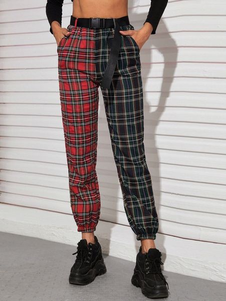 

two tone tartan belted joggers z83p#, Black;white