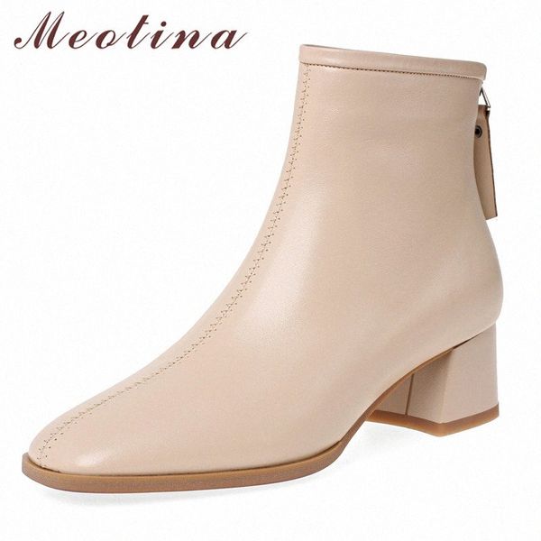 

meotina winter ankle boots women natural genuine leather thick heels short boots zipper square toe shoes female fall size 33 40 bootie r7ft#, Black