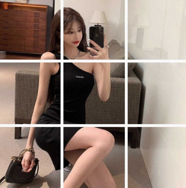 

irregular slant neckline suspender skirt women's waist close and slim tight buttock knitted dress 8274 shoulder black white, Black;gray