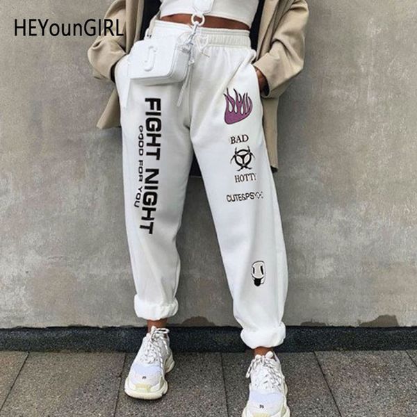 

print white loose sweat pants casual elastic high waist trousers ladies baggy harajaku sweatpants autumn streetwear, Black;white