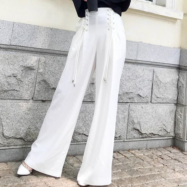 

women's pants & capris fashion summer women high waist chiffon slim trousers stripe wide leg office lady casual elastic, Black;white