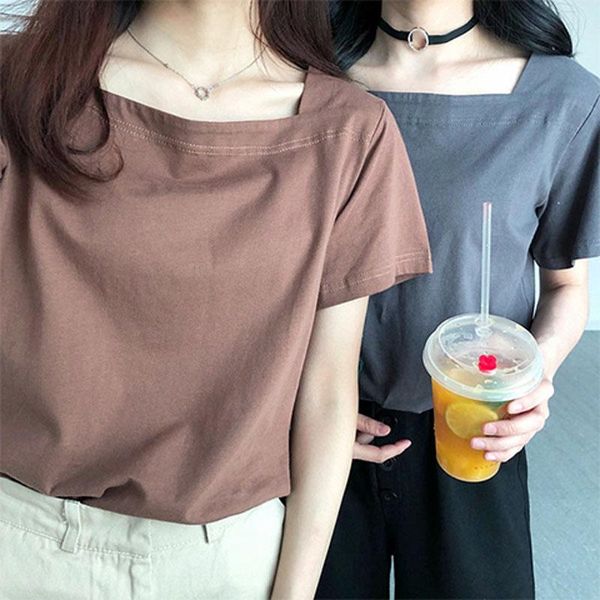 

women's t-shirt casual square collar tees solid short shoulder pads silhouette sleeveless t shirt dm001, White