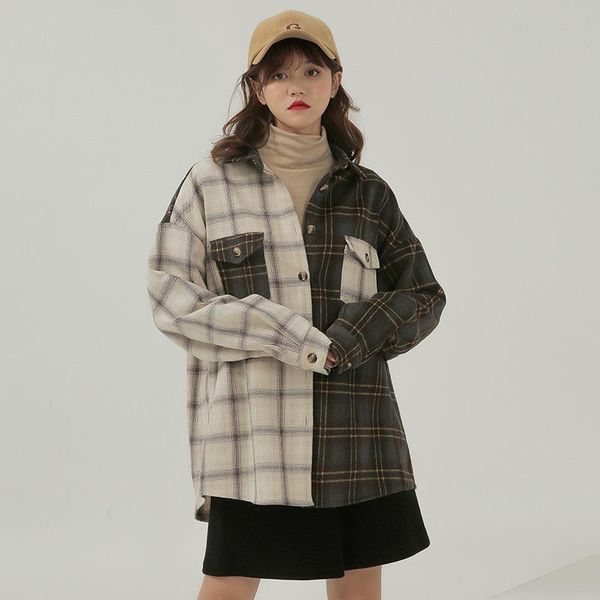 

women's blouses & shirts vintage port style thickened moire plaid shirt jacket women loose design sense of patchwork wool worn outside, White