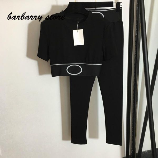 

women's two piece pants 2021 luxury design letter stitching yoga sports suit open waist short sleeve t-shirt + high slim leggings, White