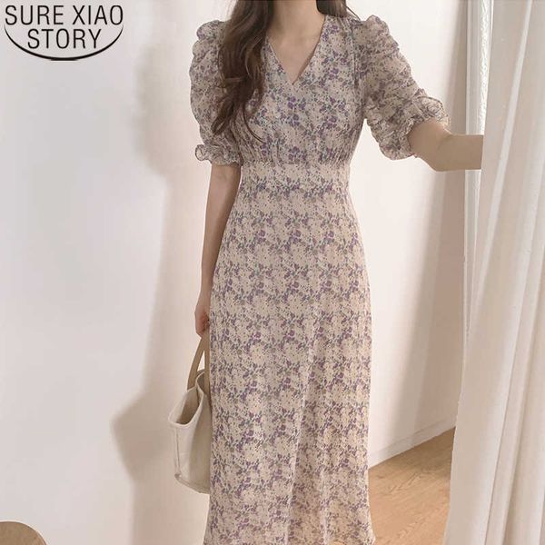 Летние корейские винтажные платья женщины цветочные принт с высокой талией V-образным вырезом с коротким рукавом мода повседневные платья элегантные Vestidos 210527
