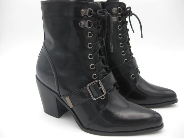 

boots luxury big heel women ankle chunky winter shoes pointed slip on with buckle, Black