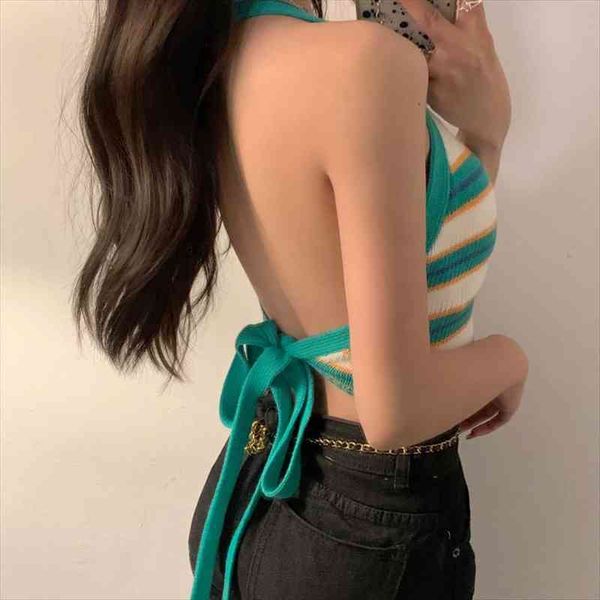 

striped backless halter knitted womens cami crop bandage cute summer, White