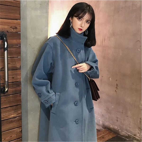 

women's wool & blends 2021 autumn winter jackets korean solid color high-neck slim mid-length thickened woolen coat b553, Black