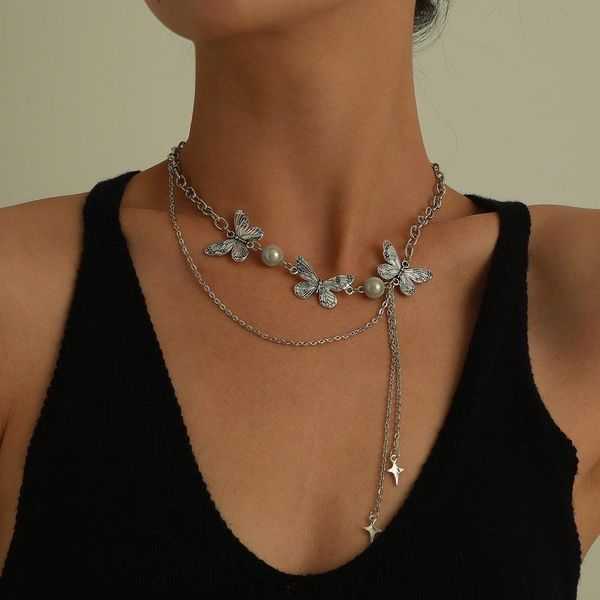 

chains butterfly necklace women retro necklaces woman multilayer fashion cross pendant jewelry europrean lady trend party metal collier, Silver
