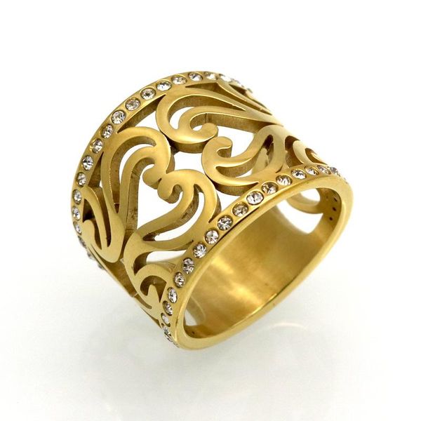 

wedding rings classic pattern hollow forest series inlaid double row zircon women titanium steel jewelry gift for ladies and girls, Slivery;golden