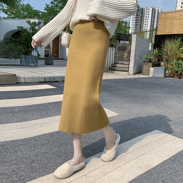 

2021 skirt autumn winter casual high waist back split knitted a line slim fit solid color midi skirts women bbkk, Black
