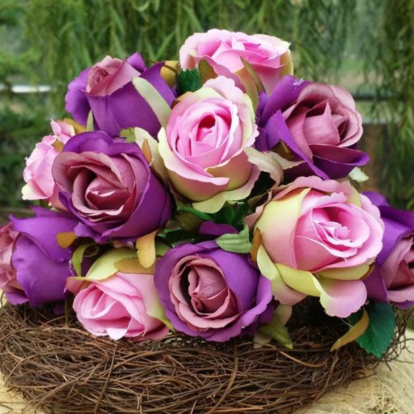 

12 head artificial roses wedding flower decoration mariage fake silk rose real touch flower bridal bouquet home party decor ghmy