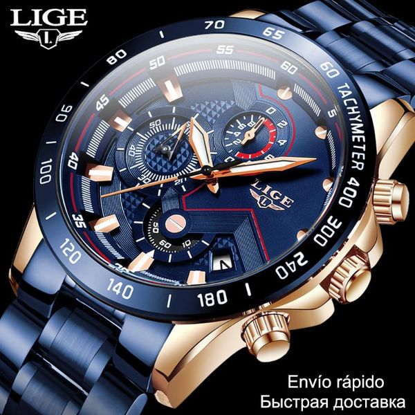 

wristwatches 2021 mens watches waterproof stainless steel lige fashion sports watch chronograph quartz clock black men, Slivery;brown