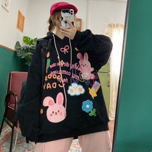 

new deeptown style cartoon print 2021 fashion sweatshirt women long sleeve plus size warm casual hoodies i39o, Black