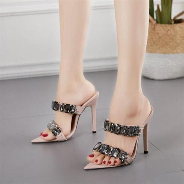 

slippers ladies net celebrity female sandals with rhinestone women's shoes high heels 12cm fashion show 4-10 11, Black