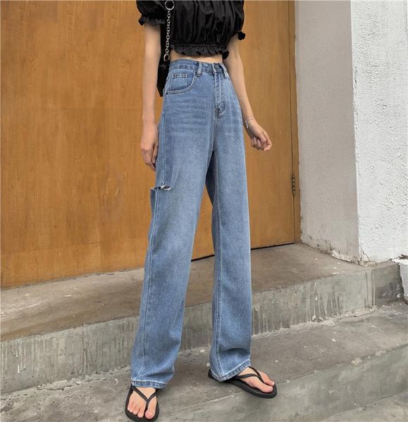 

women's jeans high waist ripped wide leg woman loose slim solid color vintage hole denim trousers casual baggy long pants plus size, Blue